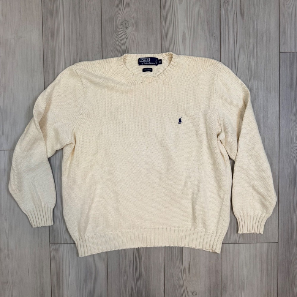 Polo Ralph Lauren Mens XL Cream Cotton Crewneck Shaker Knit Sweater Navy Pony